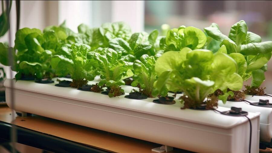 an indoor lettuce plant on a white hydroponics