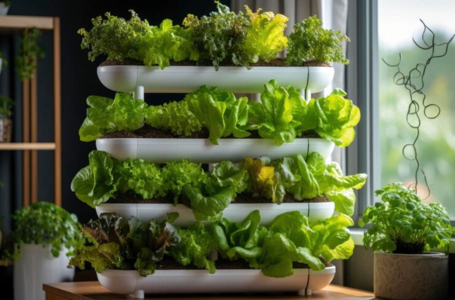 a rack of hydroponics indoor lettuce garden