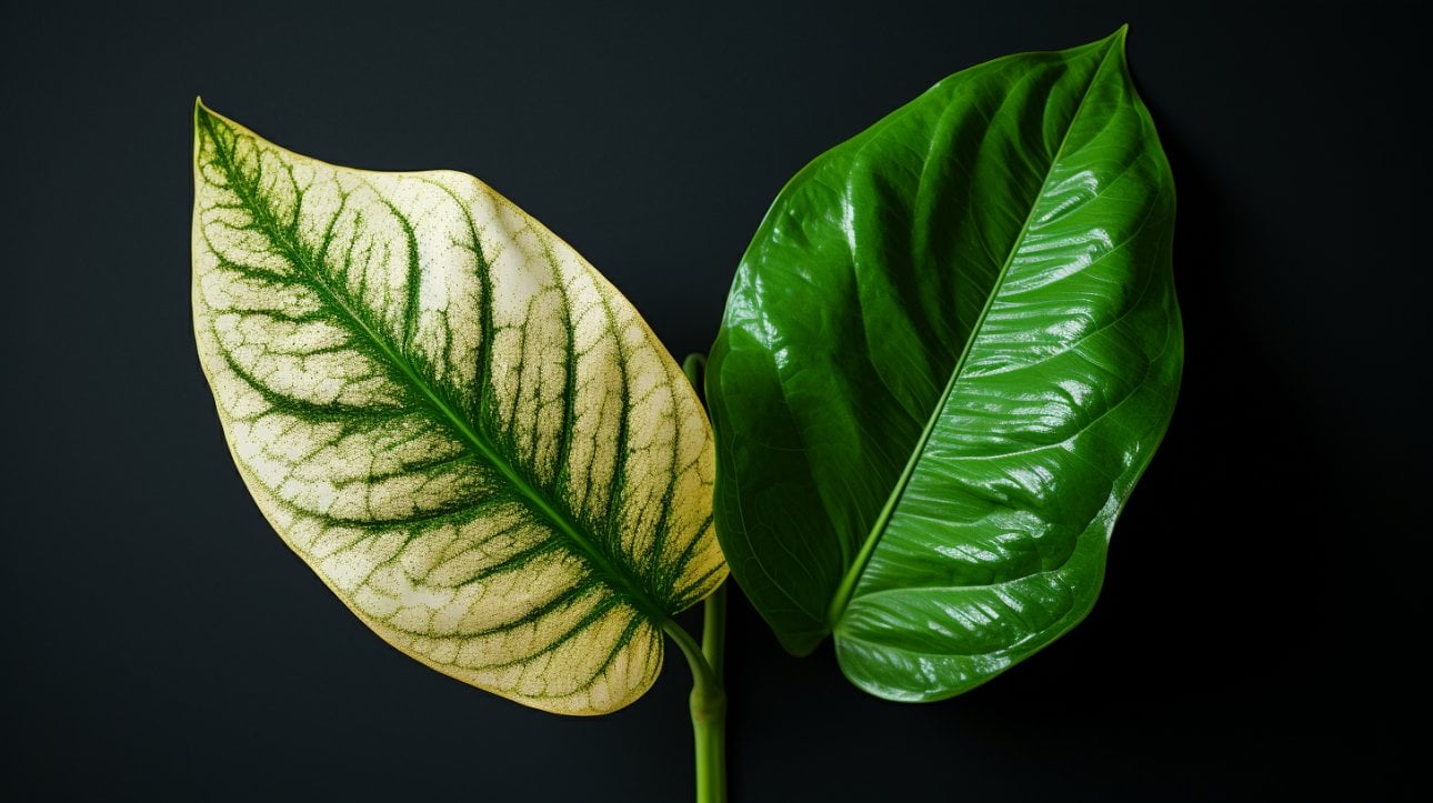 a side-by-side image of leaves showcasing a vivid contrast