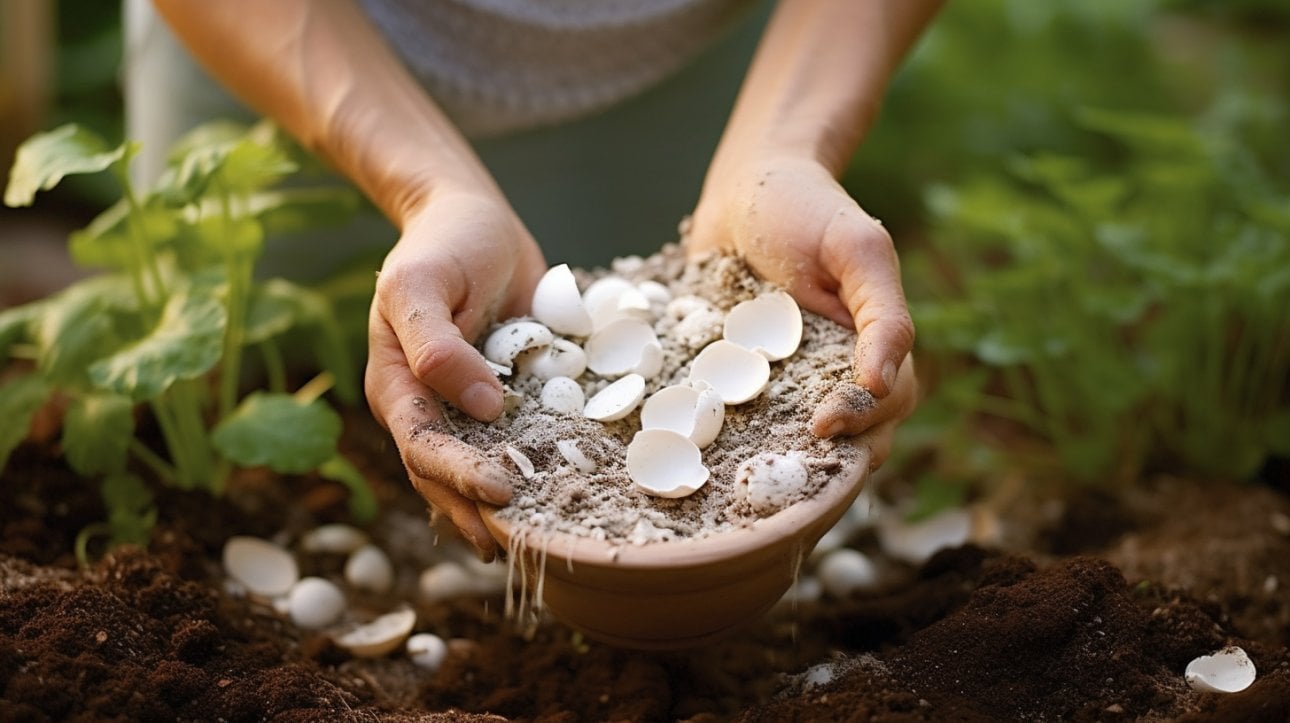 a hand holding a pot of soil with crushed eggshells