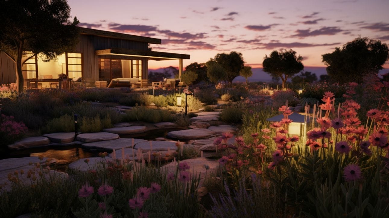 A garden at dusk, where a wide array of drought-tolerant plants dominate the scene