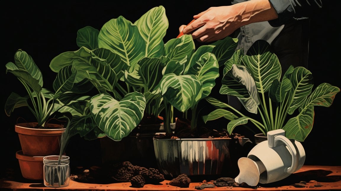 A pair of hands repotting a zebra plant into a clay pot