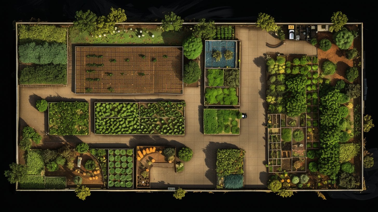 A top-down view of a garden plot with gridlines