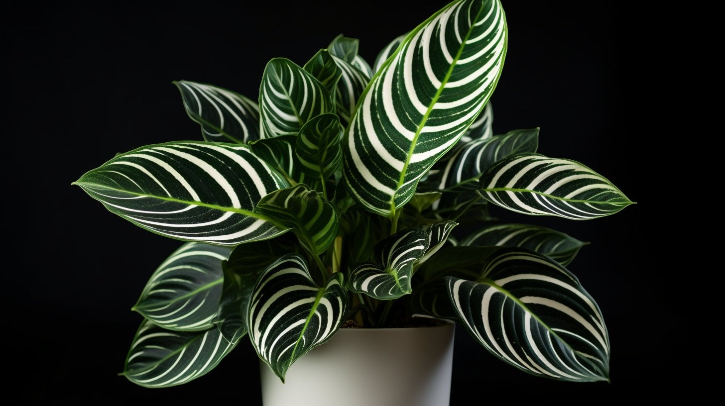 a zebra plant with large, glossy, dark green leaves