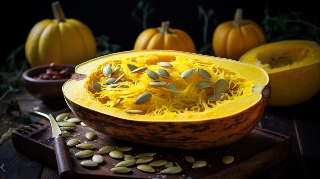 spaghetti squash and its seeds on a cutting board