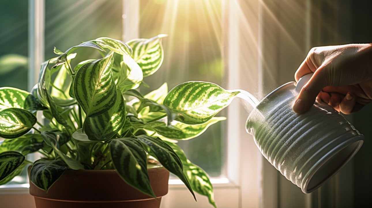 watering for a healthy zebra plant beside a window with filtered rays of sunlight showcases how to care for a Zebra Plant