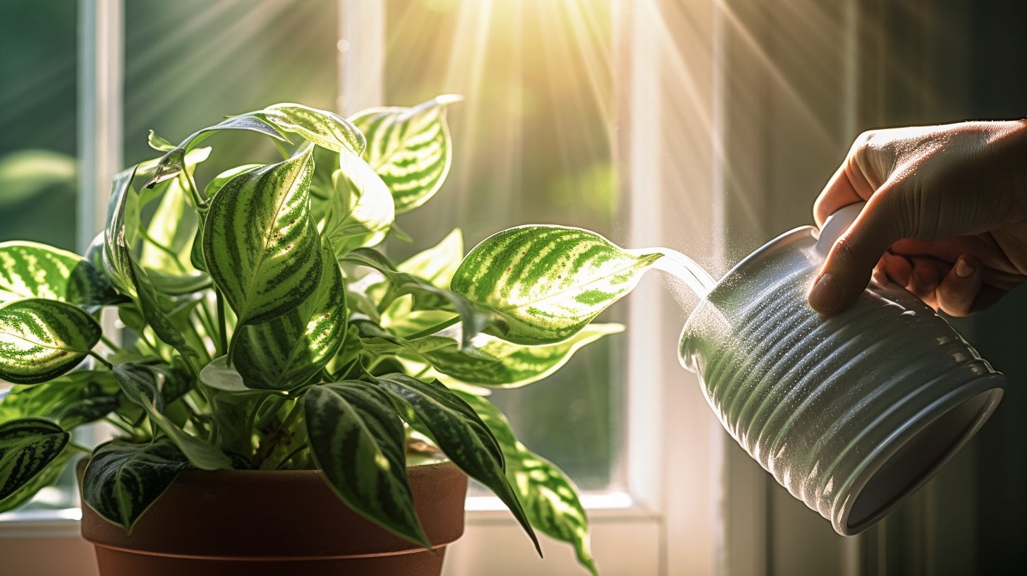 watering for a healthy zebra plant beside a window with filtered rays of sunlight showcases how to care for a Zebra Plant