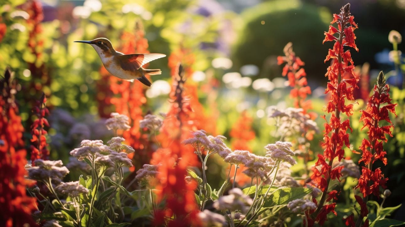 drought-resistant pollinator plants with a hummingbird flying