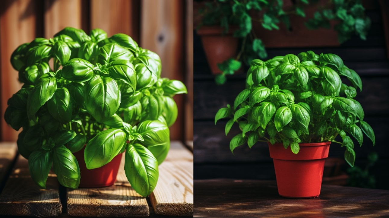 split image of an indoor and an outdoor basil plant