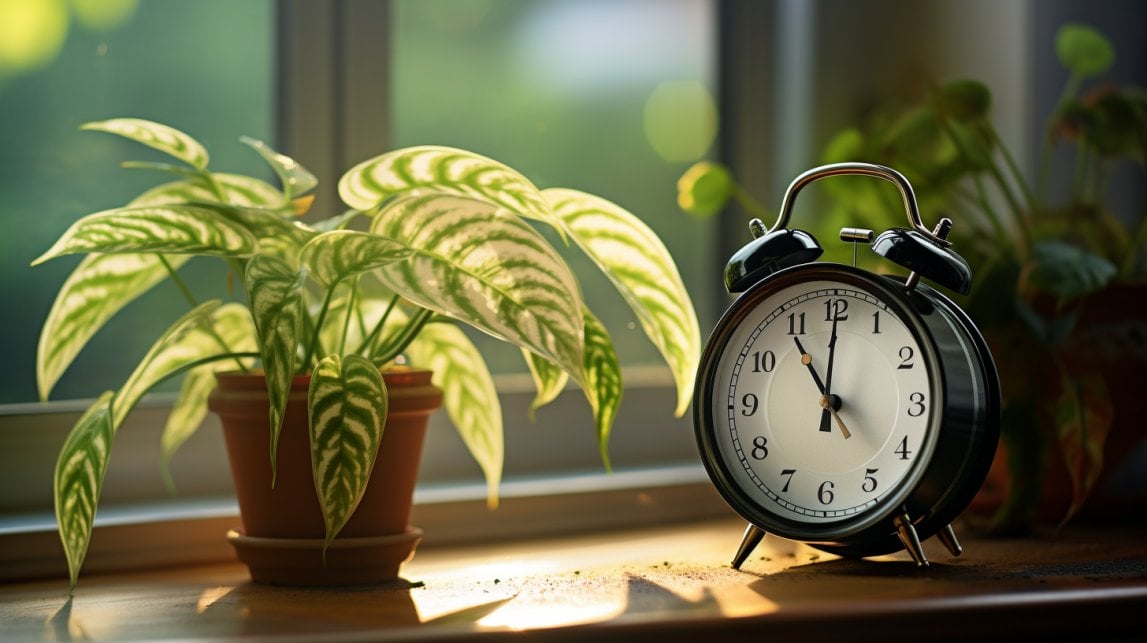 zebra plant in a pot  with a sunlit window and a clock