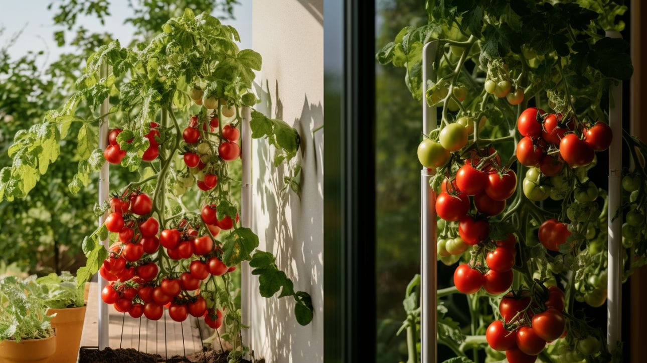 a split image of a balcony or small garden space with vertical tomato plants climbing on a trellis
