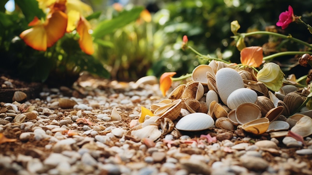how do you add calcium to soil? a garden with scattered crushed seashells