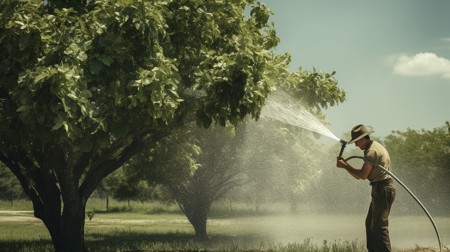 how to care for pecan tree? a man watering a young pecan tree