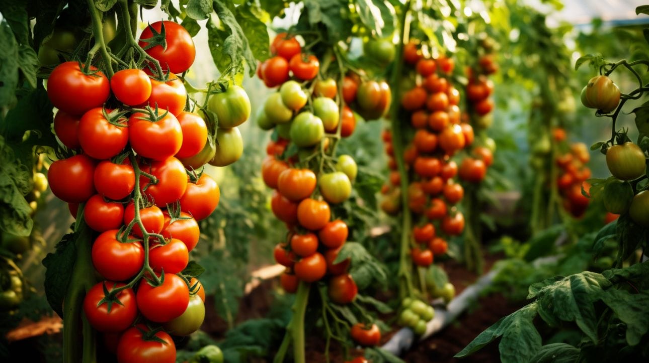 A lush tomato garden showing distinct spacing between various tomato plants
