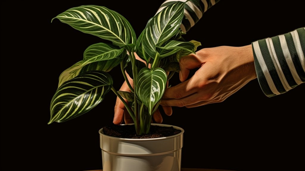 a hand gently removing an insect to a healthy zebra plant in a clay pot