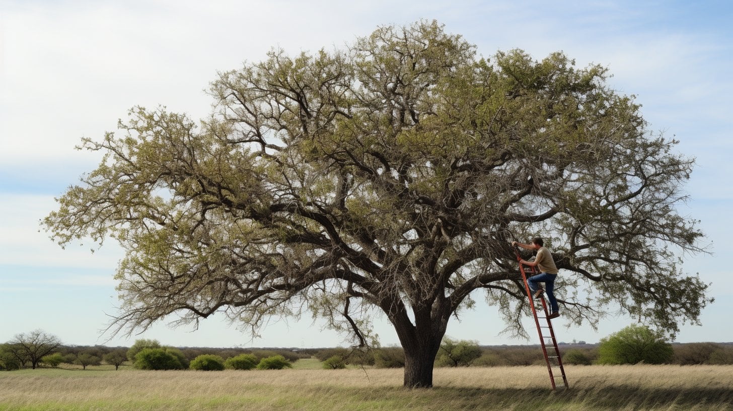 a man on ladder pruning a pecan tree