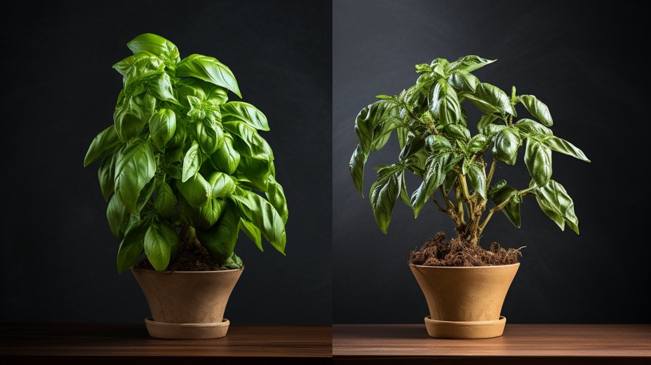 split image of my basil plant is wilting and a healthy basil