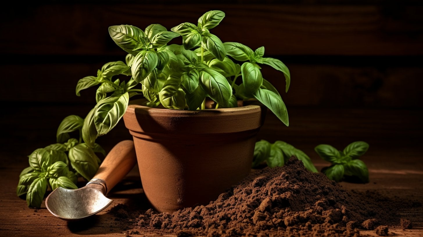 a basil plant on a pot with soil