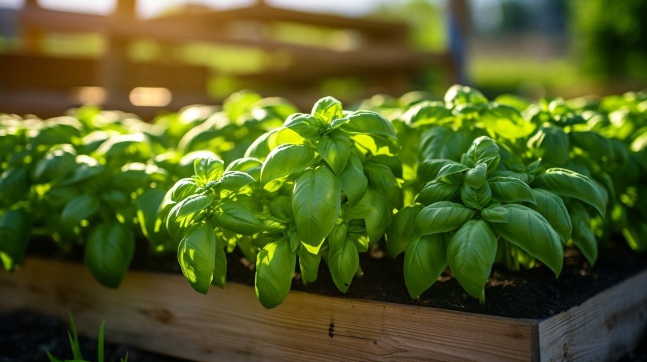 a healthy basil plants in garden and cast by sunlight