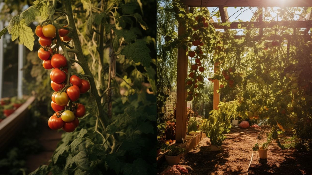 A split image showing a healthy tomato plants spaced evenly apart and is an overcrowded tomato garden