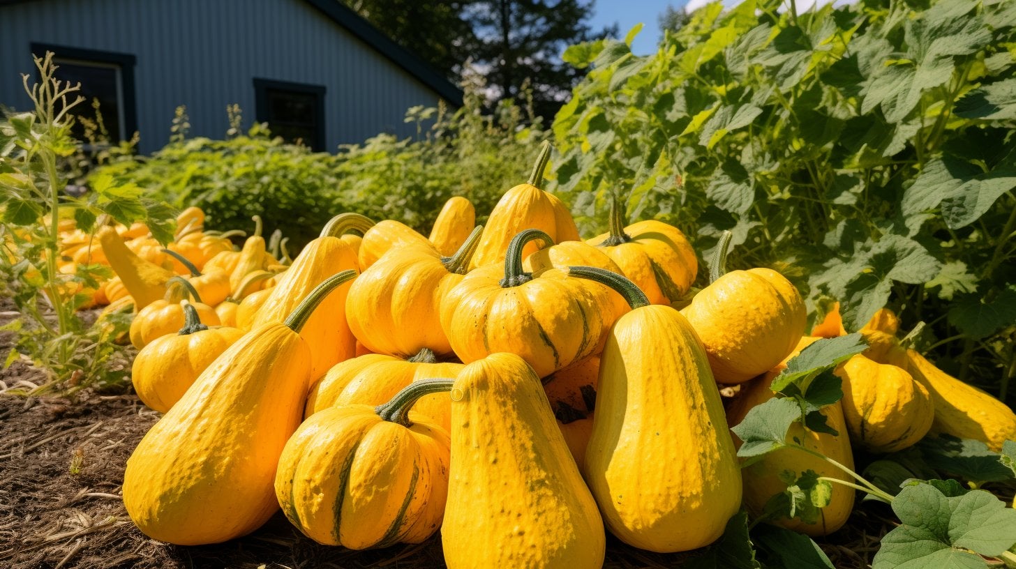 various sizes of spaghetti squash in a home garden