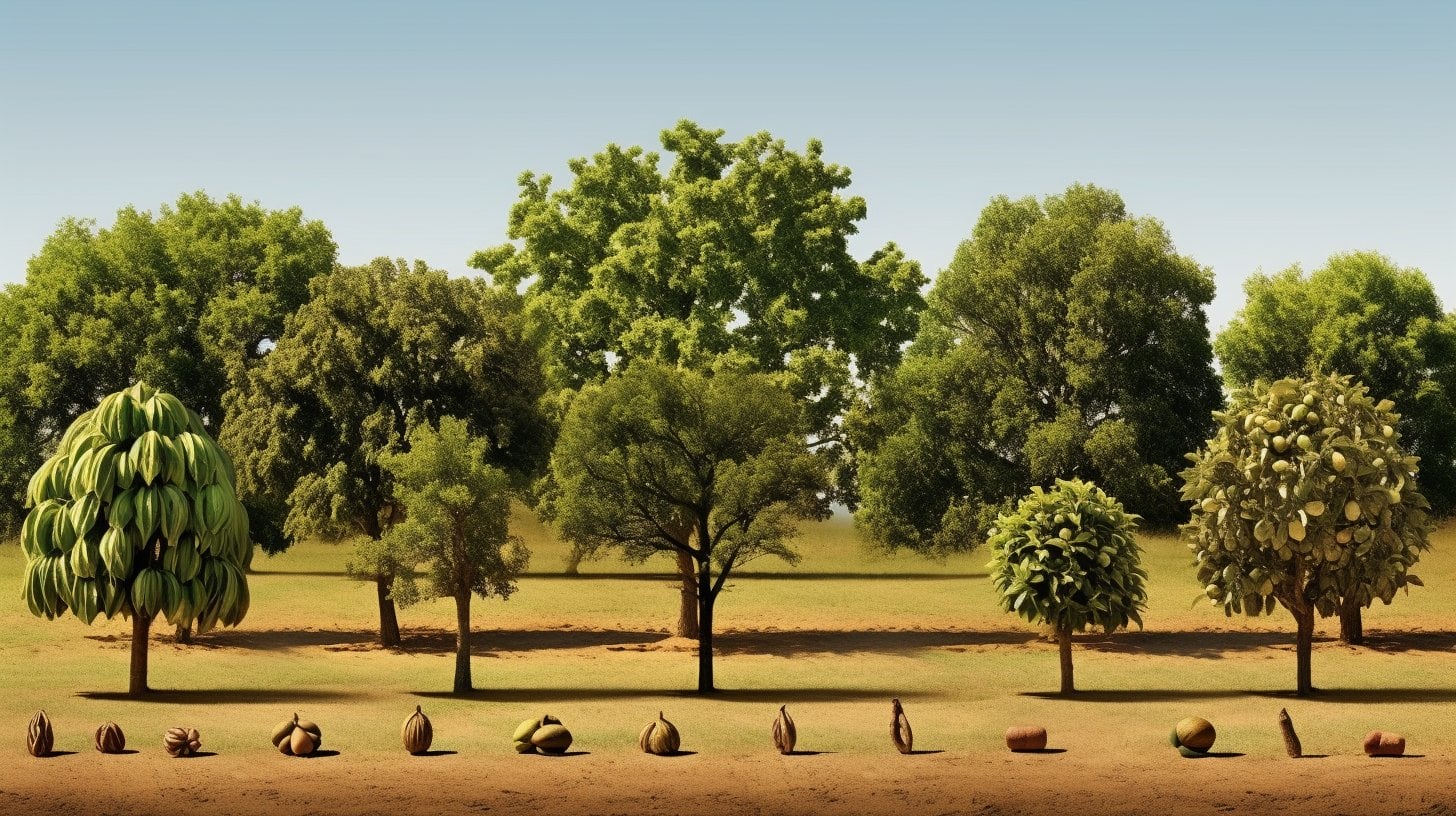 a row of various kinds of pecan trees with their nuts