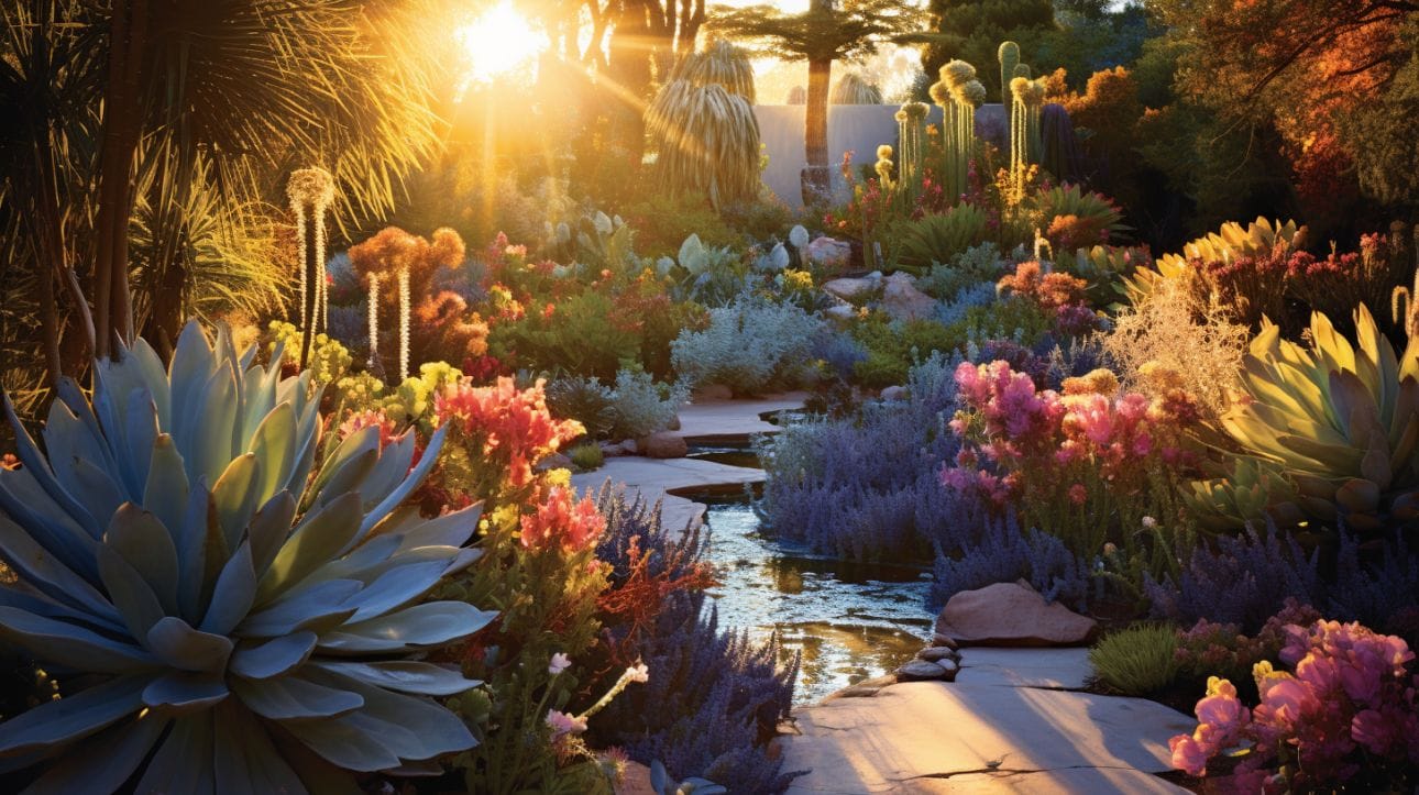 A garden showcasing a mix of drought-tolerant plants that are bathed in sunlight.