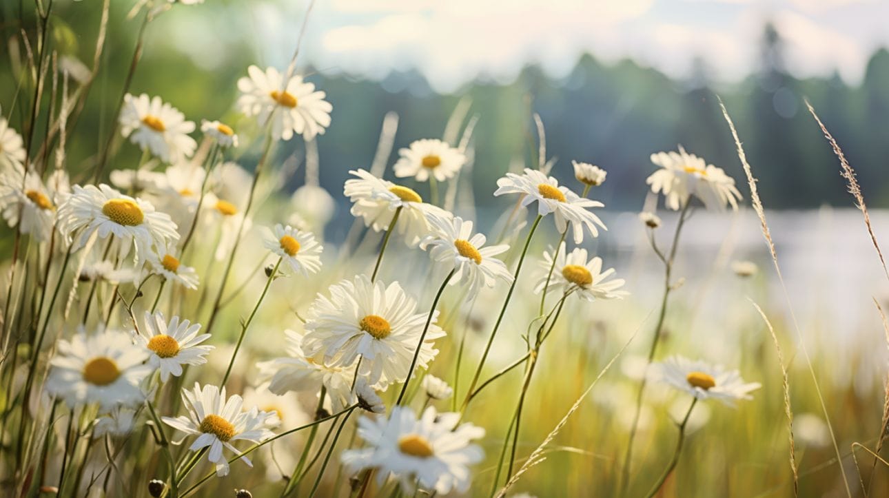 a close-up view of tall, daisy weeds against a soft-focus natural background