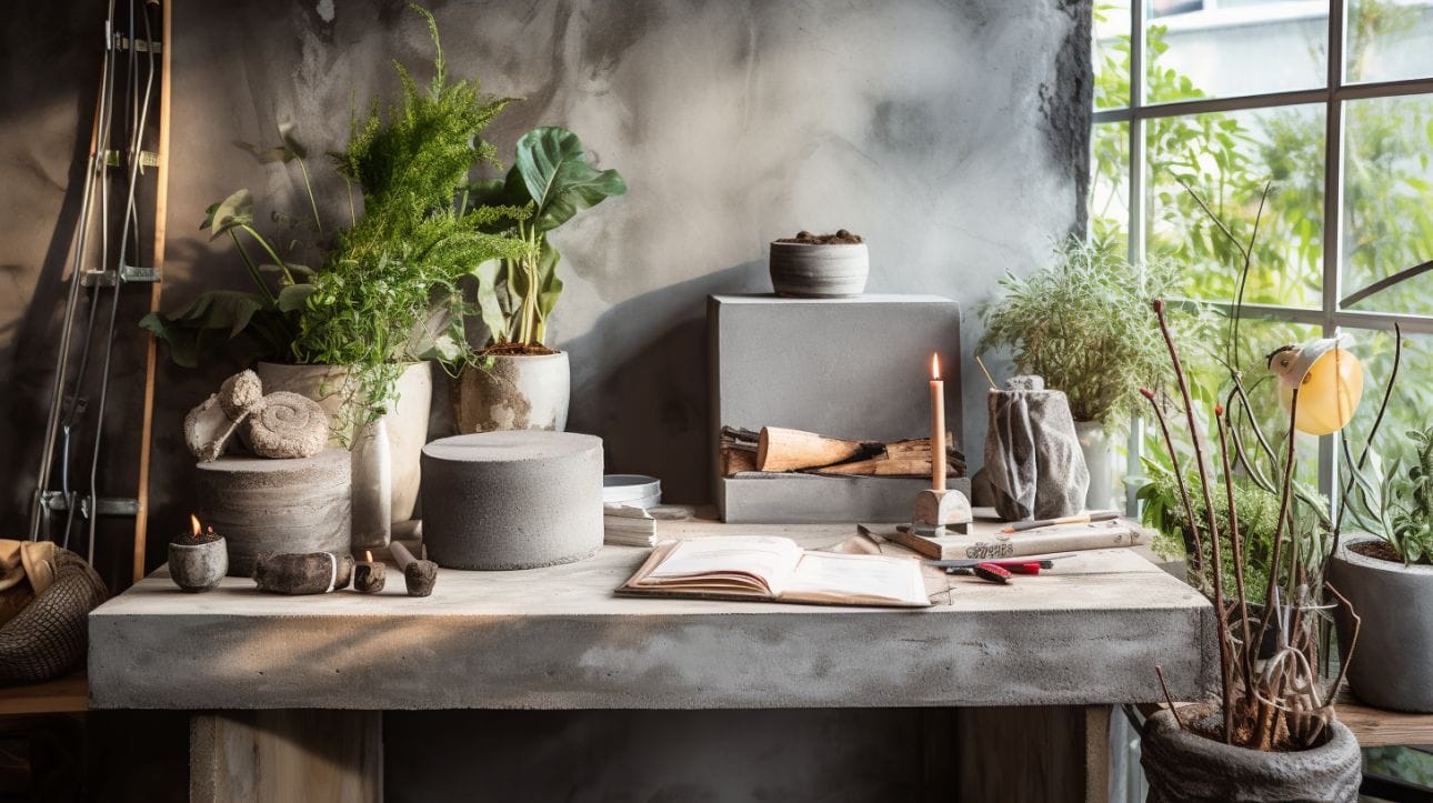 A rustic, sunlit workspace with unused concrete mix, DIY tools, and a concrete planters and concrete candle holders