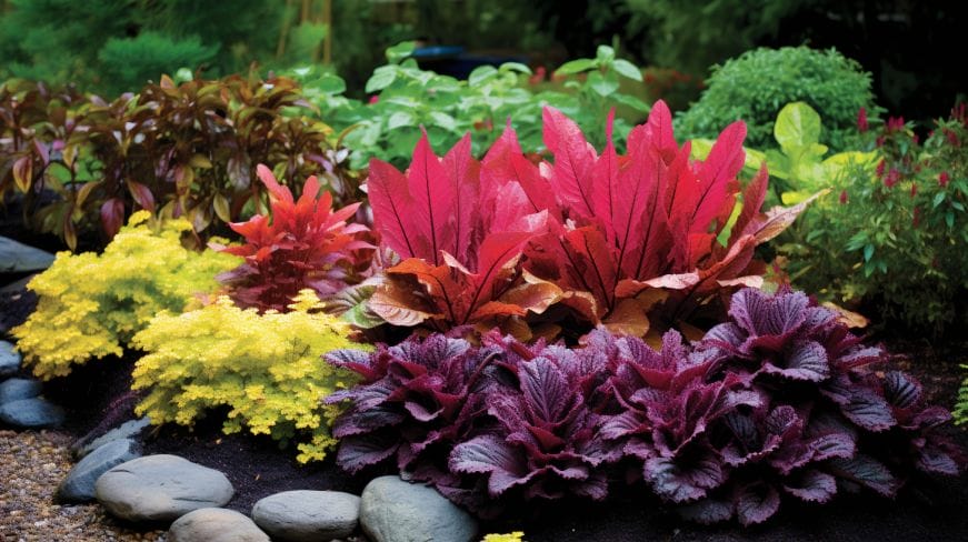 A lush garden scene with Heuchera plants mixed with various colorful perennials.