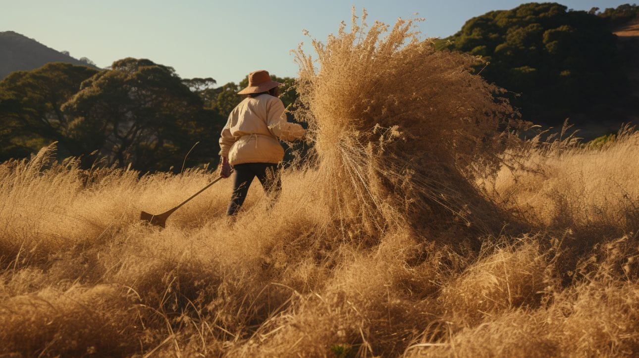 a person uprooting invasive grasses in California