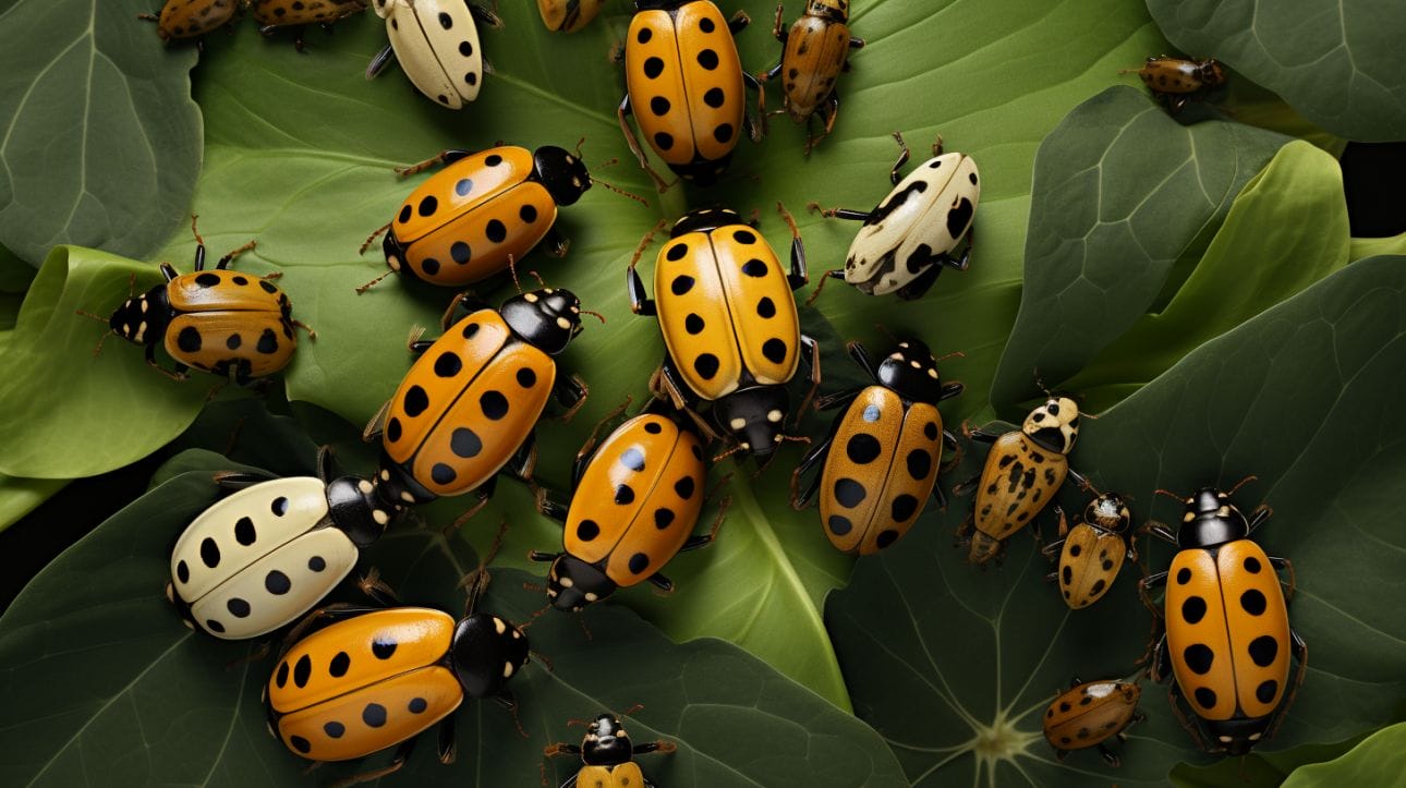 various bean leaf beetles on a plant leaves