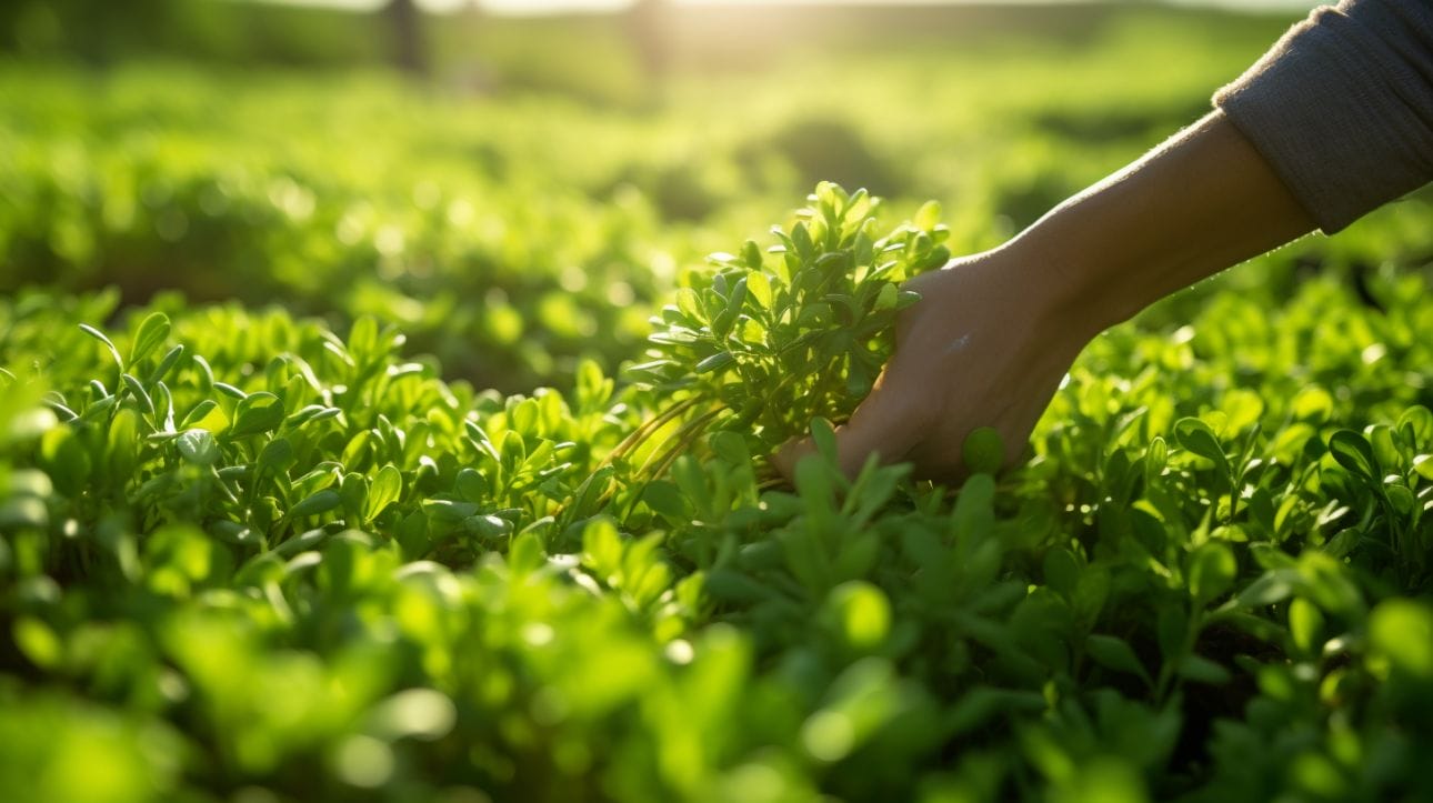 hands gently tending to vibrant green alfalfa crops in a sunlit farm