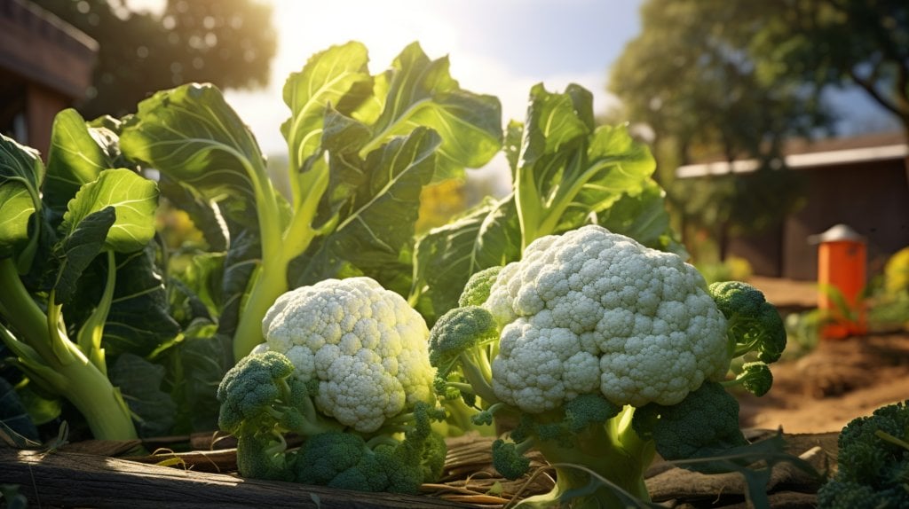 cauliflower and broccoli in a garden