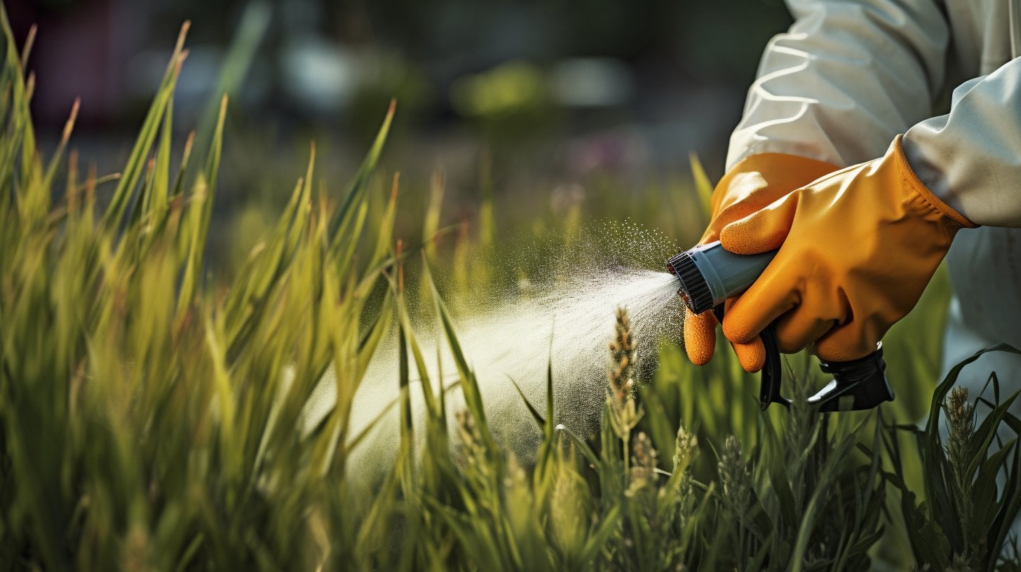 a person in gardening gloves spraying selective herbicide on a lawn infested with foxtail grass