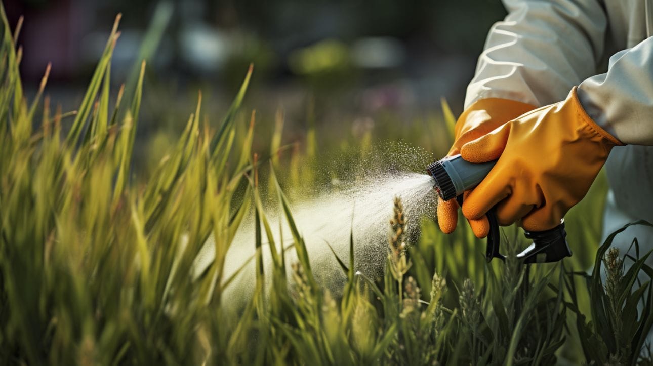a person in gardening gloves spraying selective herbicide on a lawn infested with foxtail grass