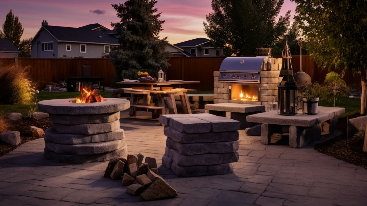 a backyard with a beautiful DIY fire pit and BBQ grill made of leftover concrete