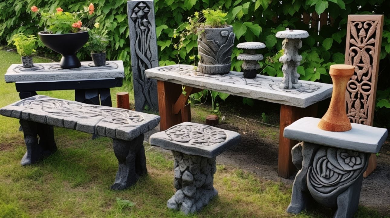 DIY cemented tables and benches with intricate designs