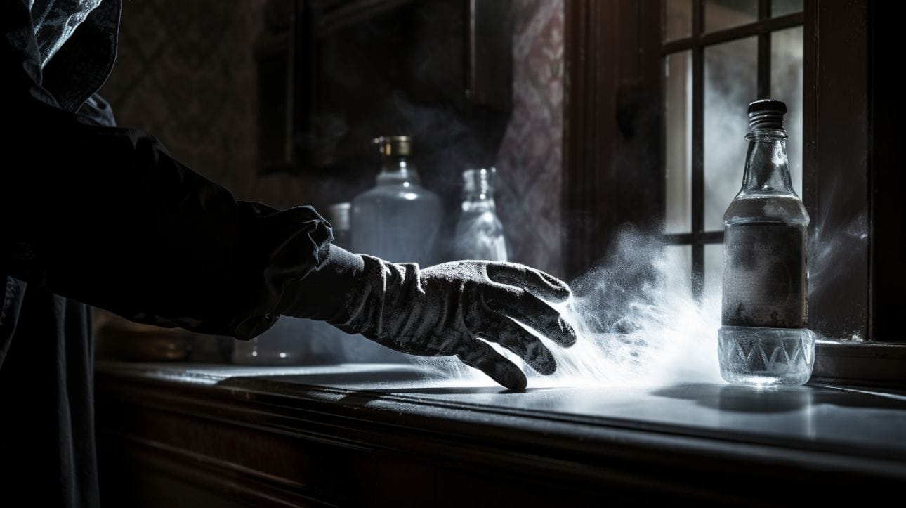 a pair of gloved hands sprinkling boric acid powder in a house's dark corner