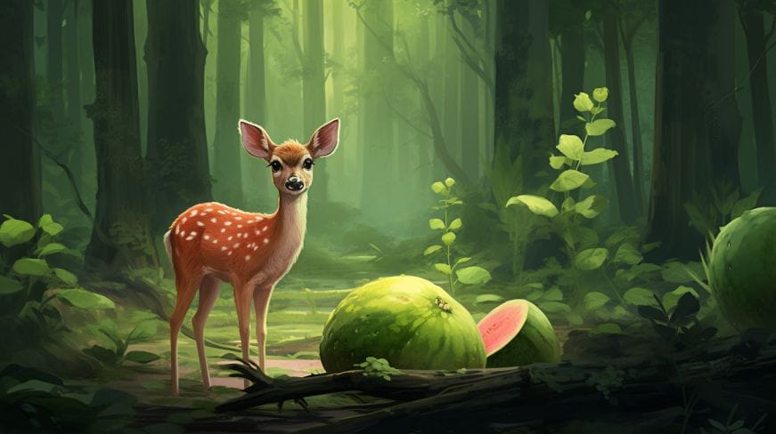 A curious deer near on a discarded watermelon rind.