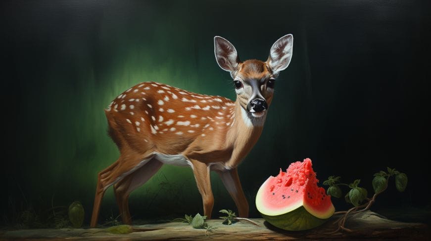 A deer eating a watermelon.