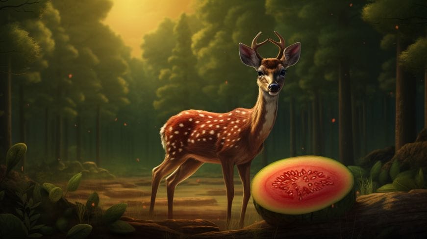 A deer standing next at a watermelon.