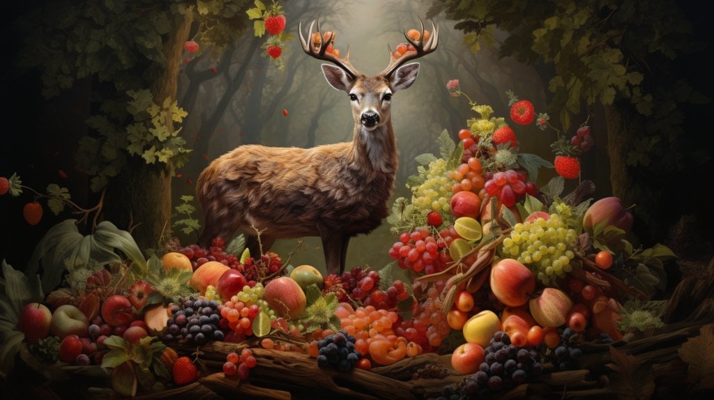 a deer surrounded by fruits and plants