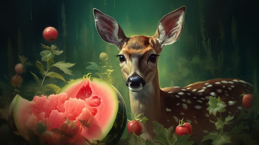 A deer curiously sniffing a watermelon.