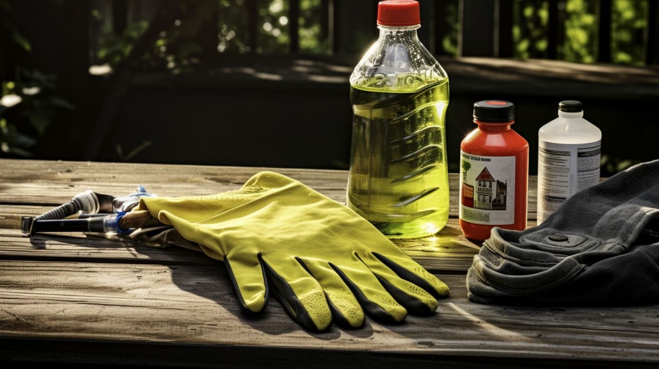 a pair of gloves. a bottle of vinegar, and natural herbicides on a wooden tabletop