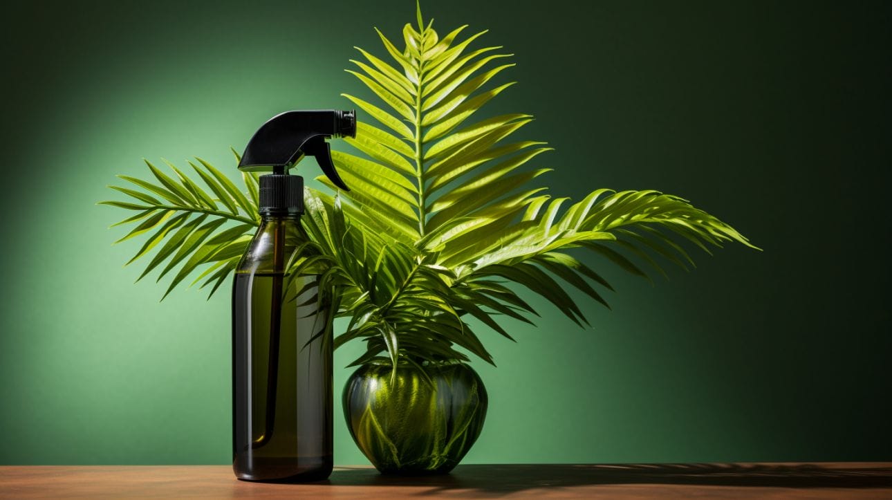 a spray bottle of neem oil and a majesty palm leaves