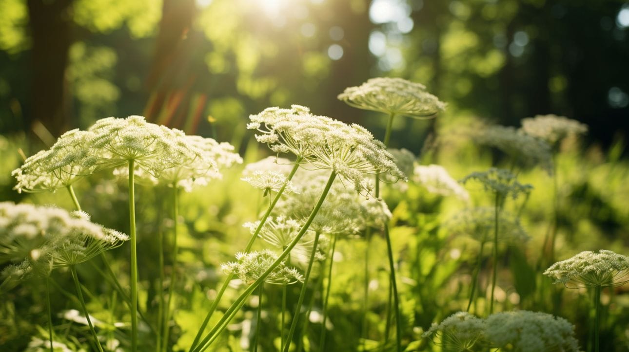 a wild carrot weed on a verdant lawn, under the soft sunlight
