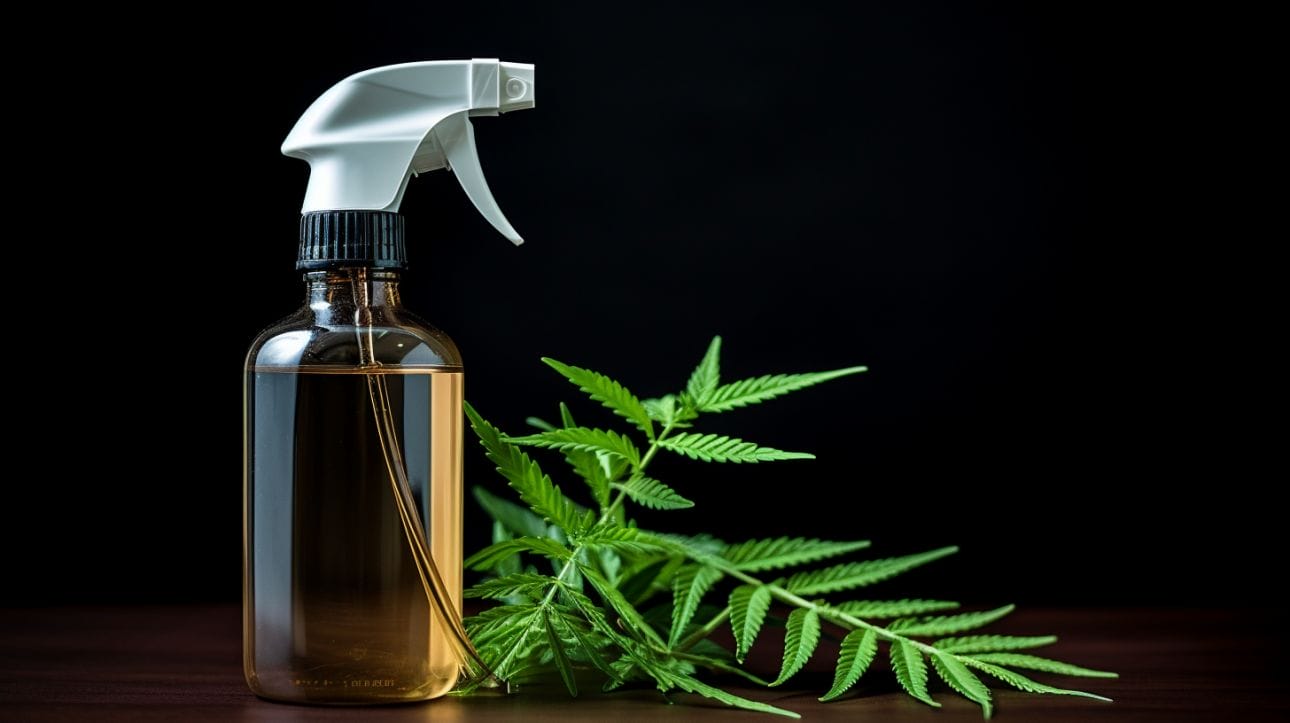 a spray bottle of neem oil beside the neem leaves