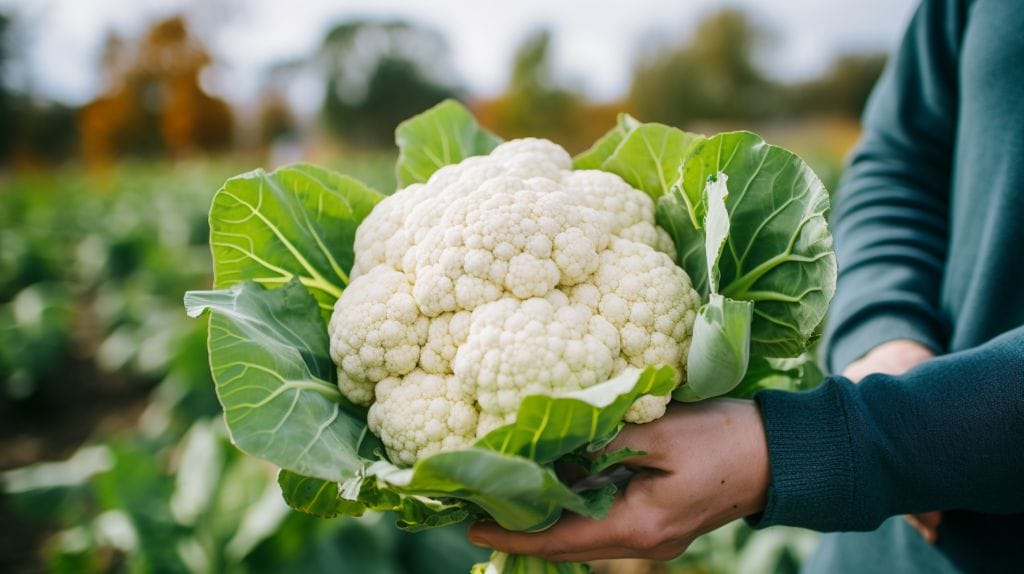 a hand holding a cauliflower