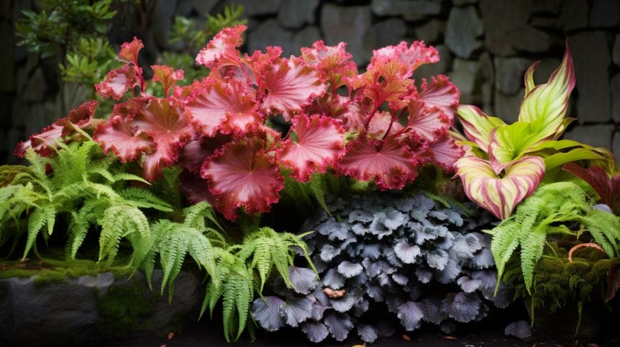 Heuchera, Plantain Lily, and Ferns thriving together in a lush.